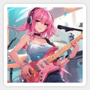 Anime girl with pink hair playing a pink guitar Magnet